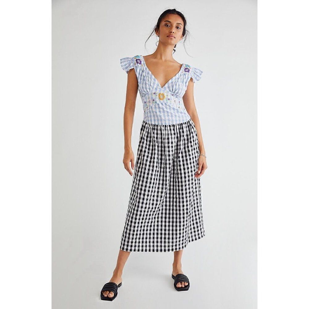 Nwt Free People X Tach Sz Xs Ilena Embroidered Gingham Printed Dress